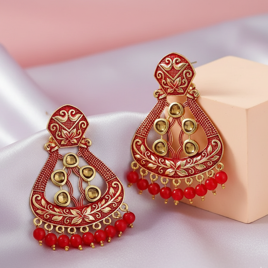 The99Jewel Red Matte Meenakari Dangler Beads Drop Earrings -1318004G