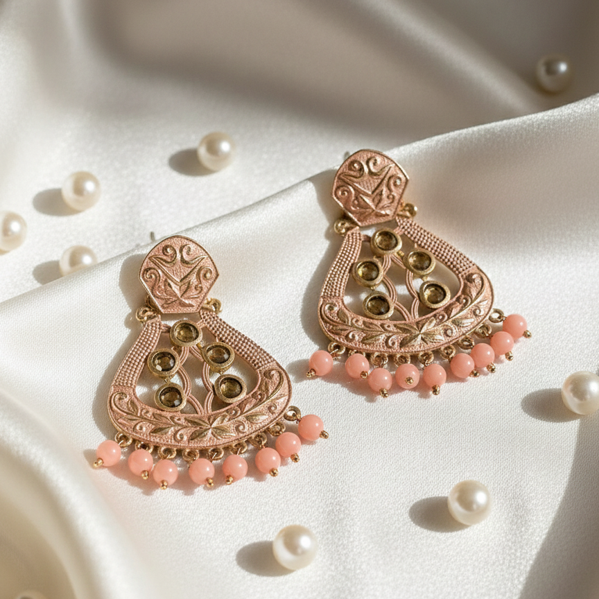 The99Jewel Peach Matte Meenakari Dangler Beads Drop Earrings -1318004H