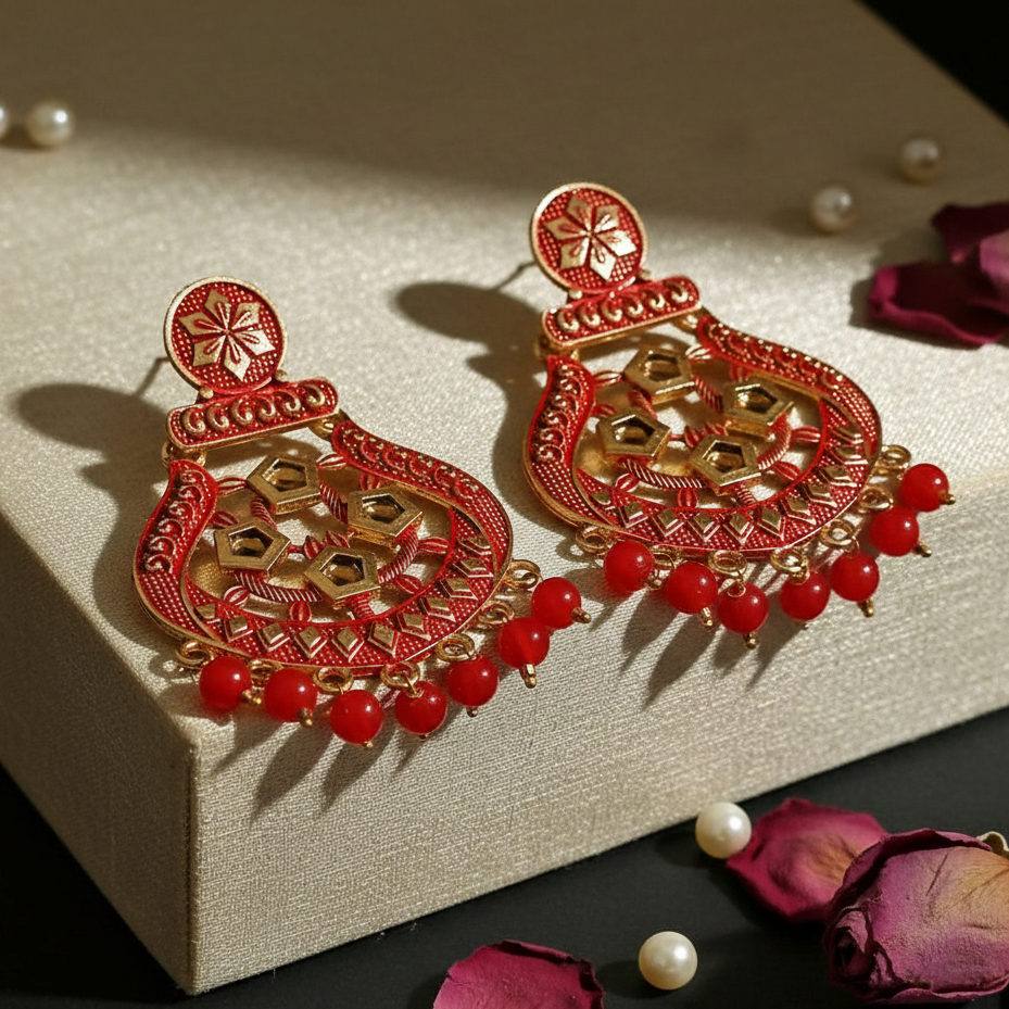 The99Jewel Red Matte Meenakari Dangler Beads Drop Earrings -1318005G