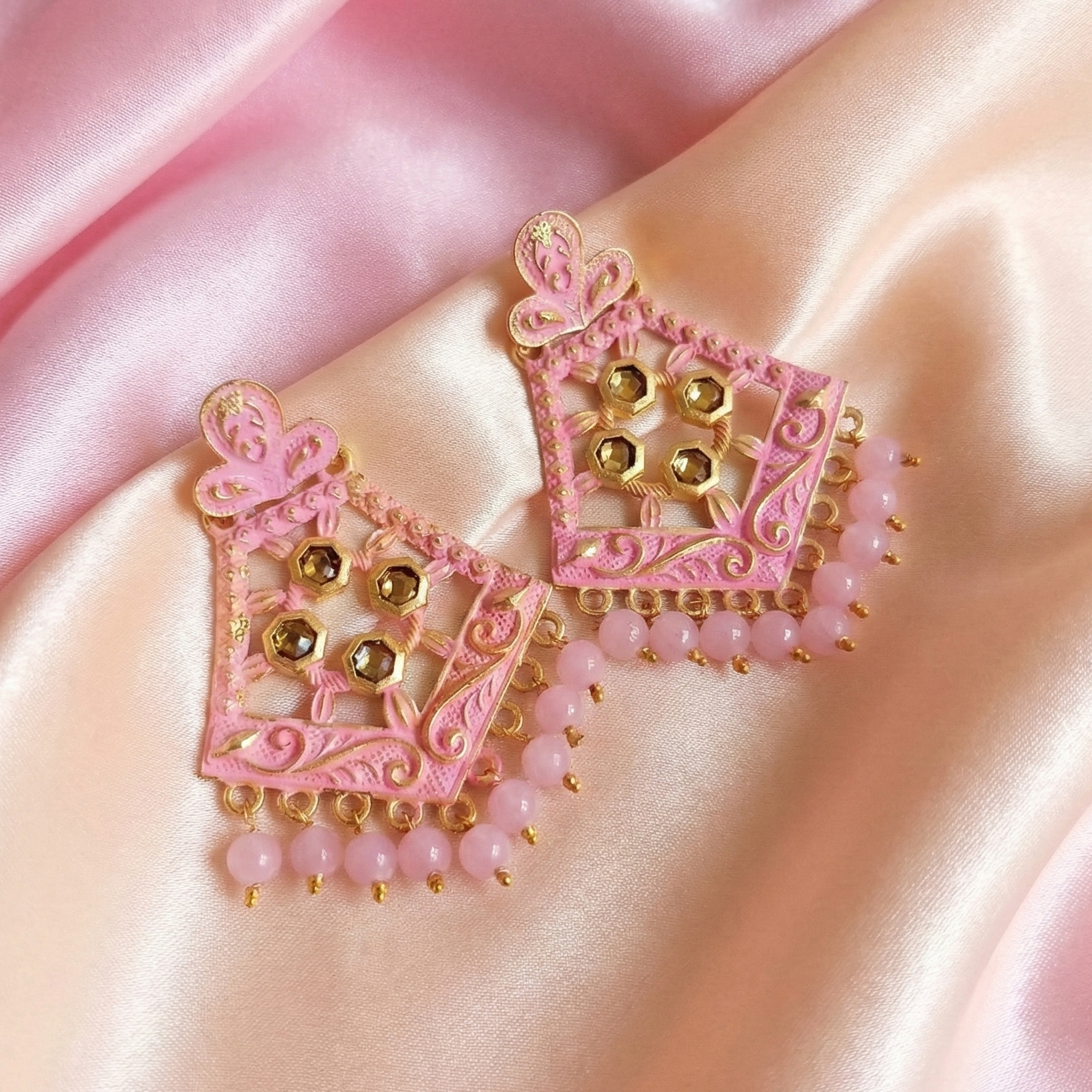 The99Jewel Pink Matte Meenakari Dangler Beads Drop Earrings -1318006C