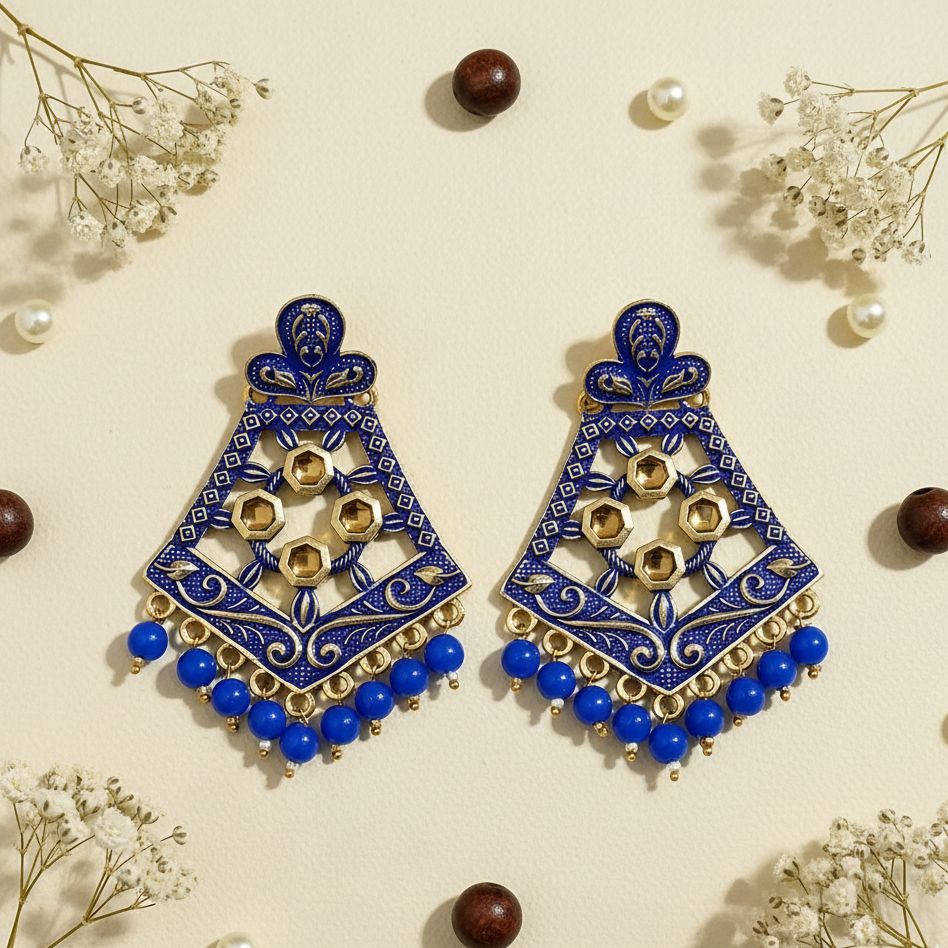 The99Jewel Blue Matte Meenakari Dangler Beads Drop Earrings -1318006E