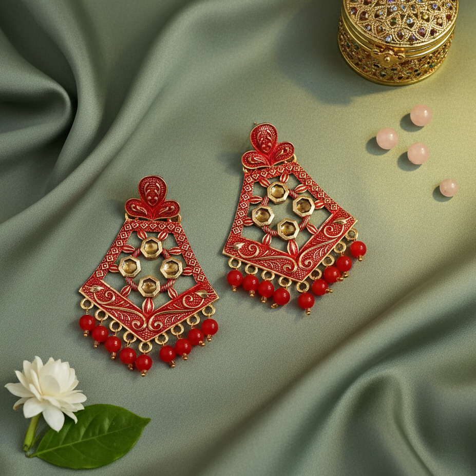 The99Jewel Red Matte Meenakari Dangler Beads Drop Earrings -1318006F