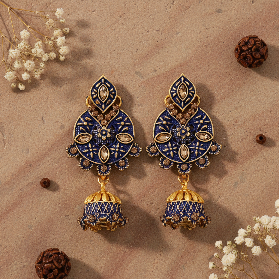 The99Jewel Blue Matte Meenakari Jhumki Earrings -1318059E