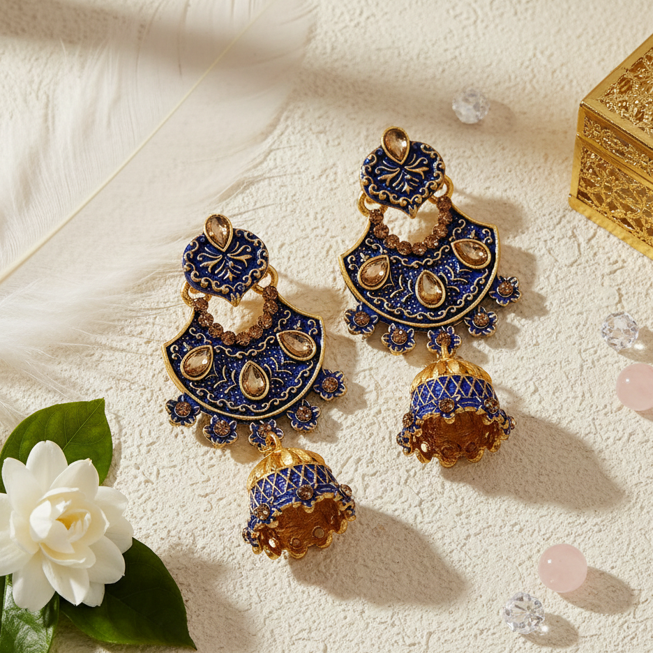 The99Jewel Blue Matte Meenakari Jhumki Earrings -1318061E