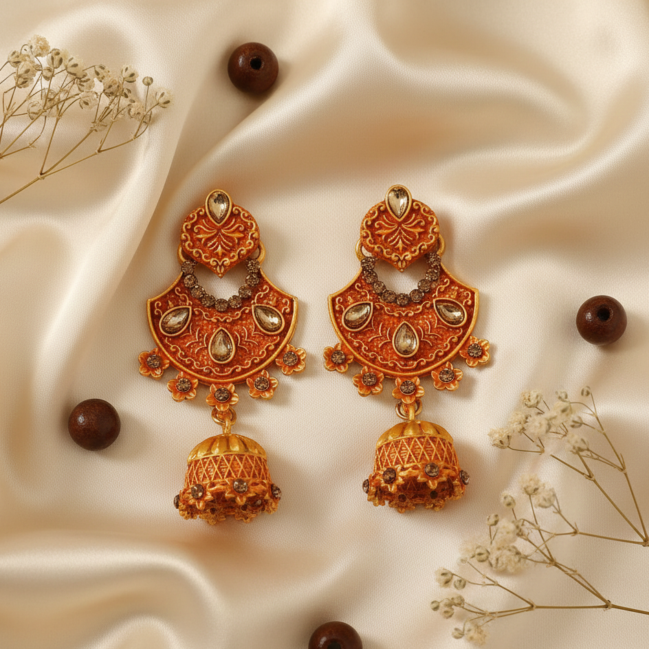 The99Jewel Orange Matte Meenakari Jhumki Earrings -1318061F