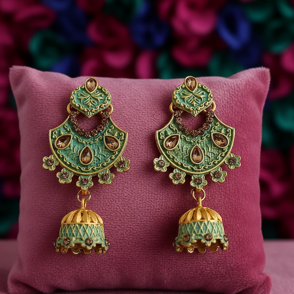 The99Jewel Green Matte Meenakari Jhumki Earrings-1318061b