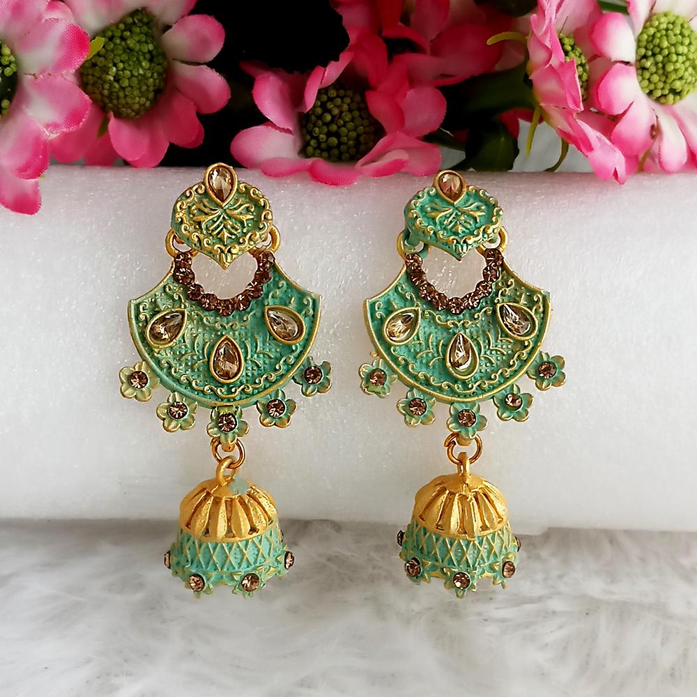 The99Jewel Green Matte Meenakari Jhumki Earrings-1318061b