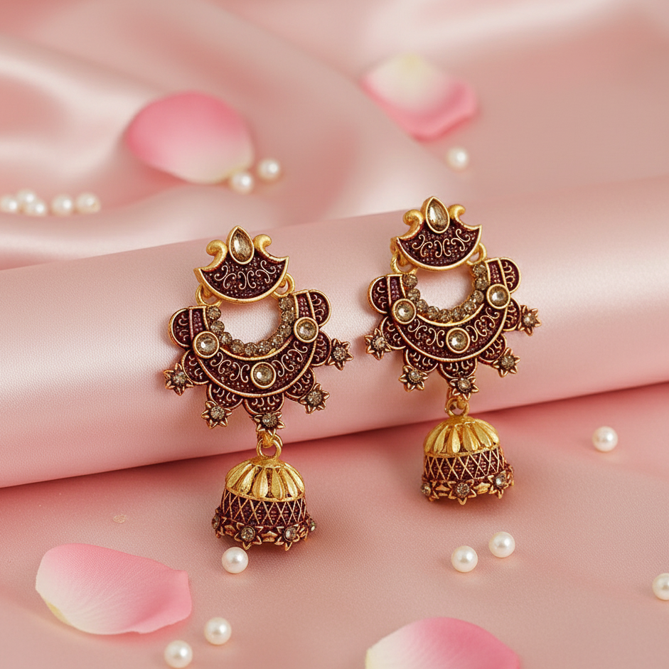The99Jewel Maroon Matte Meenakari Jhumki Earrings -1318062D