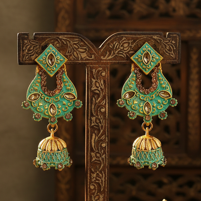 The99Jewel Green Matte Meenakari Jhumki Earrings-1318063b