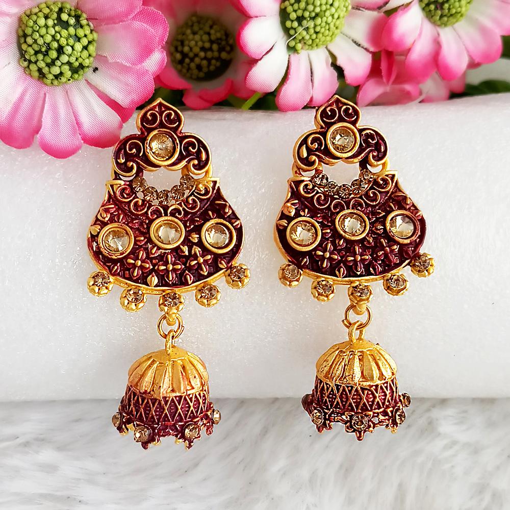 The99Jewel Maroon Matte Meenakari Jhumki Earrings -1318064D