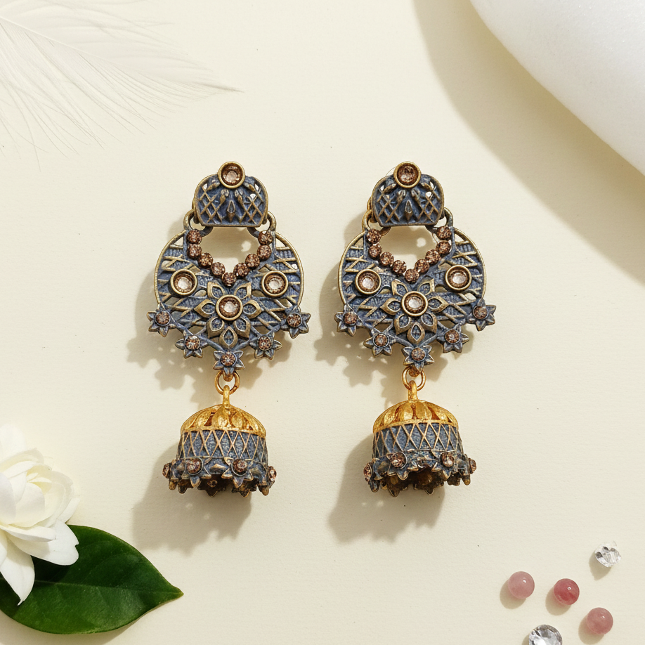 The99Jewel Grey Matte Meenakari Jhumki Earrings -1318065C