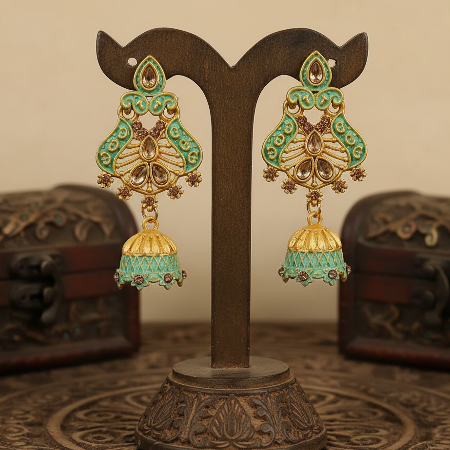 The99Jewel Green Matte Meenakari Jhumki Earrings -1318066B