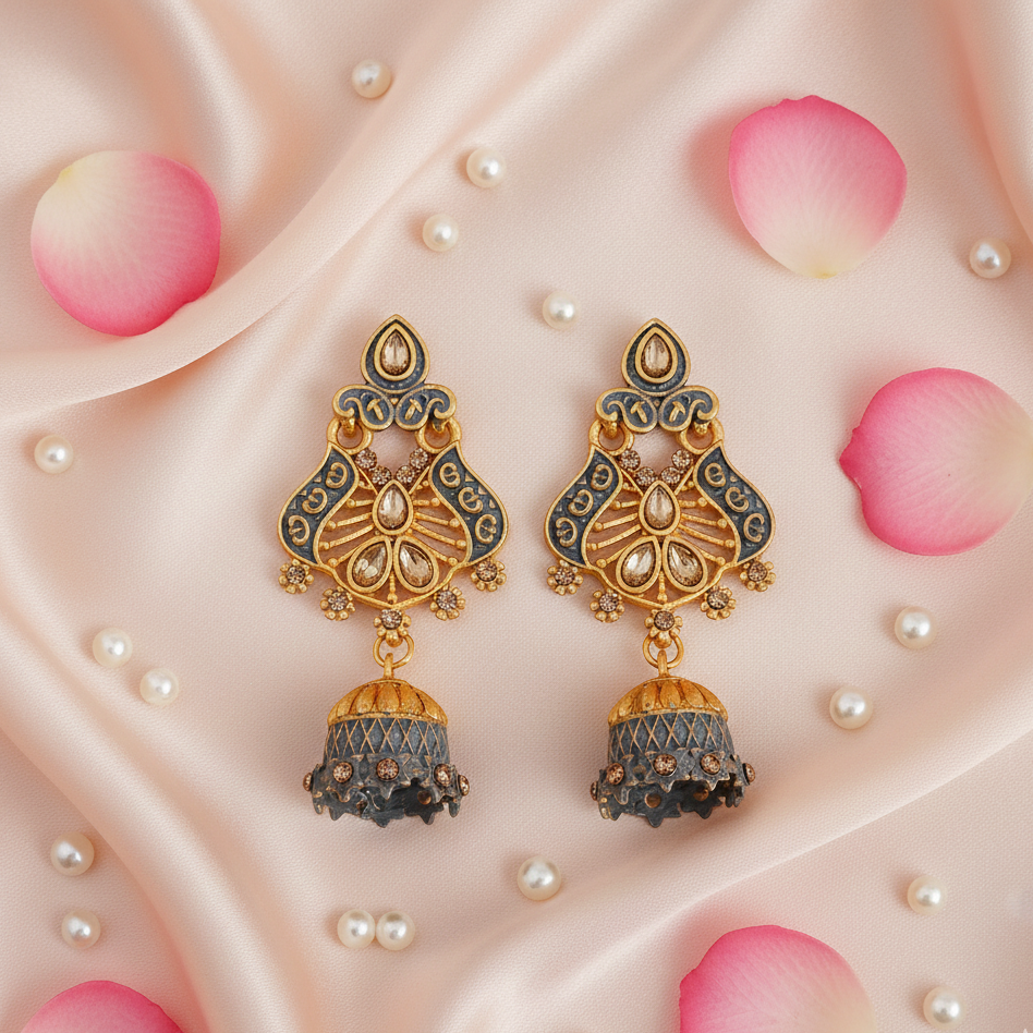 The99Jewel Grey Matte Meenakari Jhumki Earrings -1318066C