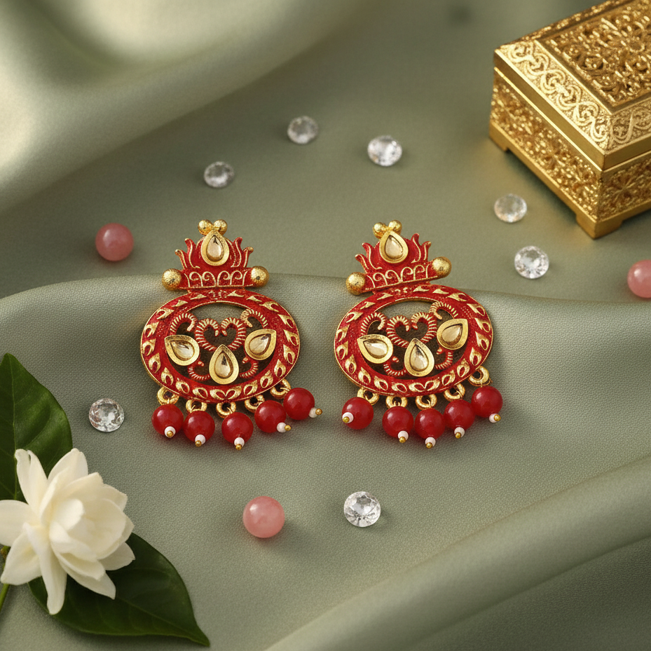 The99Jewel Red Matte Meenakari Dangler Beads Drop Earrings - 1318092F