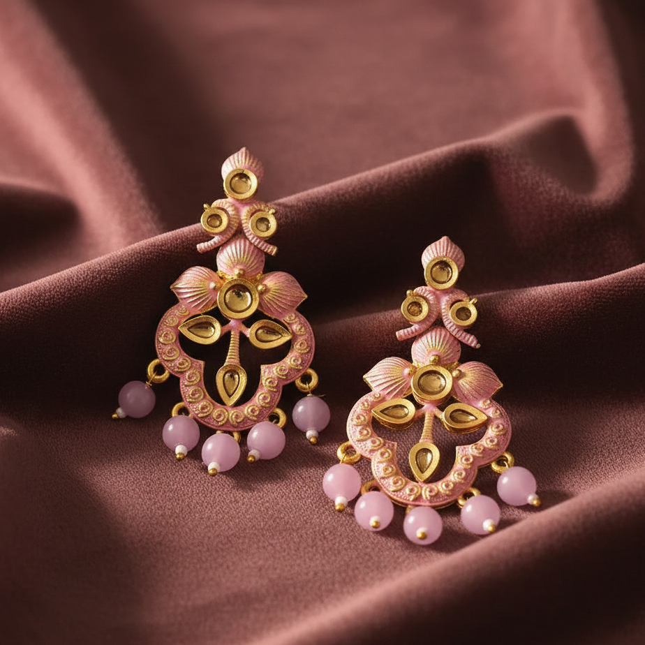 The99Jewel Pink Matte Meenakari Dangler Beads Drop Earrings - 1318093A