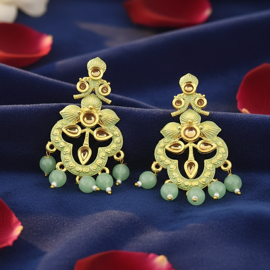 The99Jewel Green Matte Meenakari Dangler Beads Drop Earrings - 1318093B