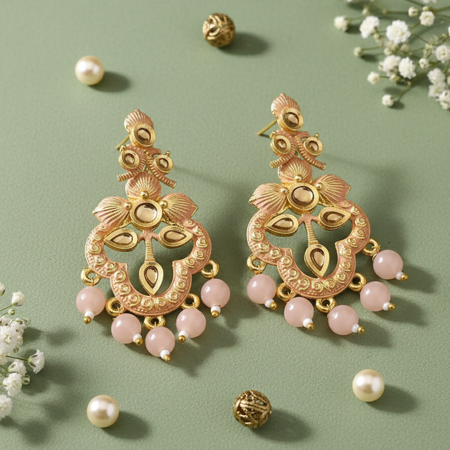 The99Jewel Peach Matte Meenakari Dangler Beads Drop Earrings - 1318093D