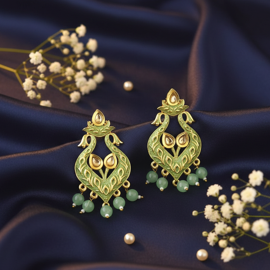 The99Jewel Green Matte Meenakari Dangler Beads Drop Earrings - 1318094B