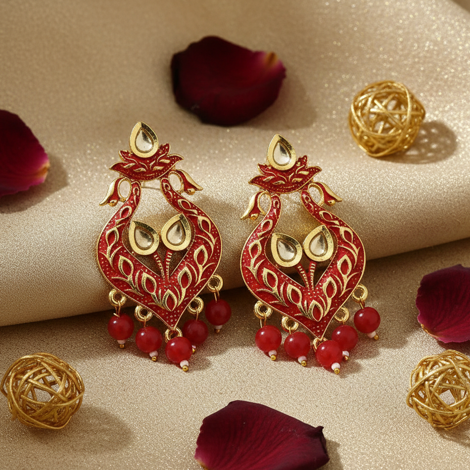 The99Jewel Red Matte Meenakari Dangler Beads Drop Earrings - 1318094F