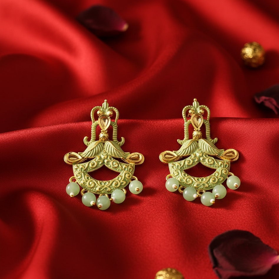 The99Jewel Green Matte Meenakari Dangler Beads Drop Earrings - 1318095B