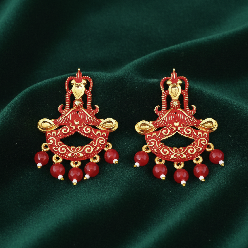 The99Jewel Red Matte Meenakari Dangler Beads Drop Earrings - 1318095F