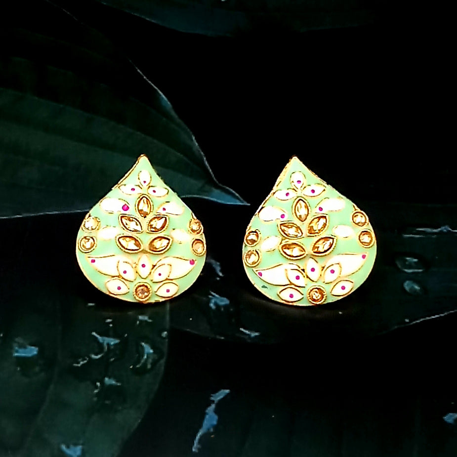 The99Jewel Light Green Meenakari Kundan Stud Earrings