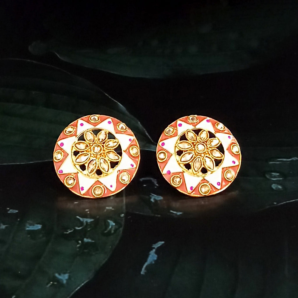 The99Jewel Peach Meenakari Kundan Stud Earrings