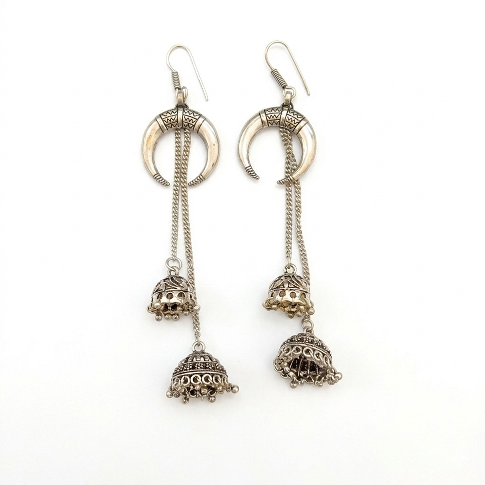The99Jewel Antique Oxidised Moon Design Double Jhumka Dangler Earrings