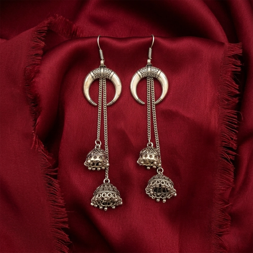 The99Jewel Antique Oxidised Moon Design Double Jhumka Dangler Earrings