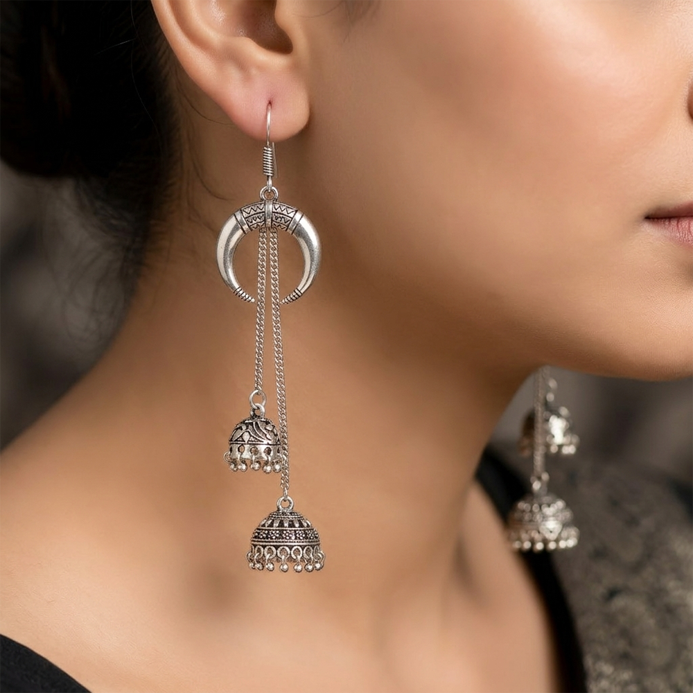 The99Jewel Antique Oxidised Moon Design Double Jhumka Dangler Earrings