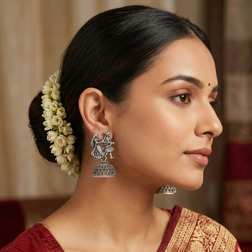 The99Jewel Antique-Inspired Oxidised Plated Jhumki Earrings With Couple Figures Jewellery for Women