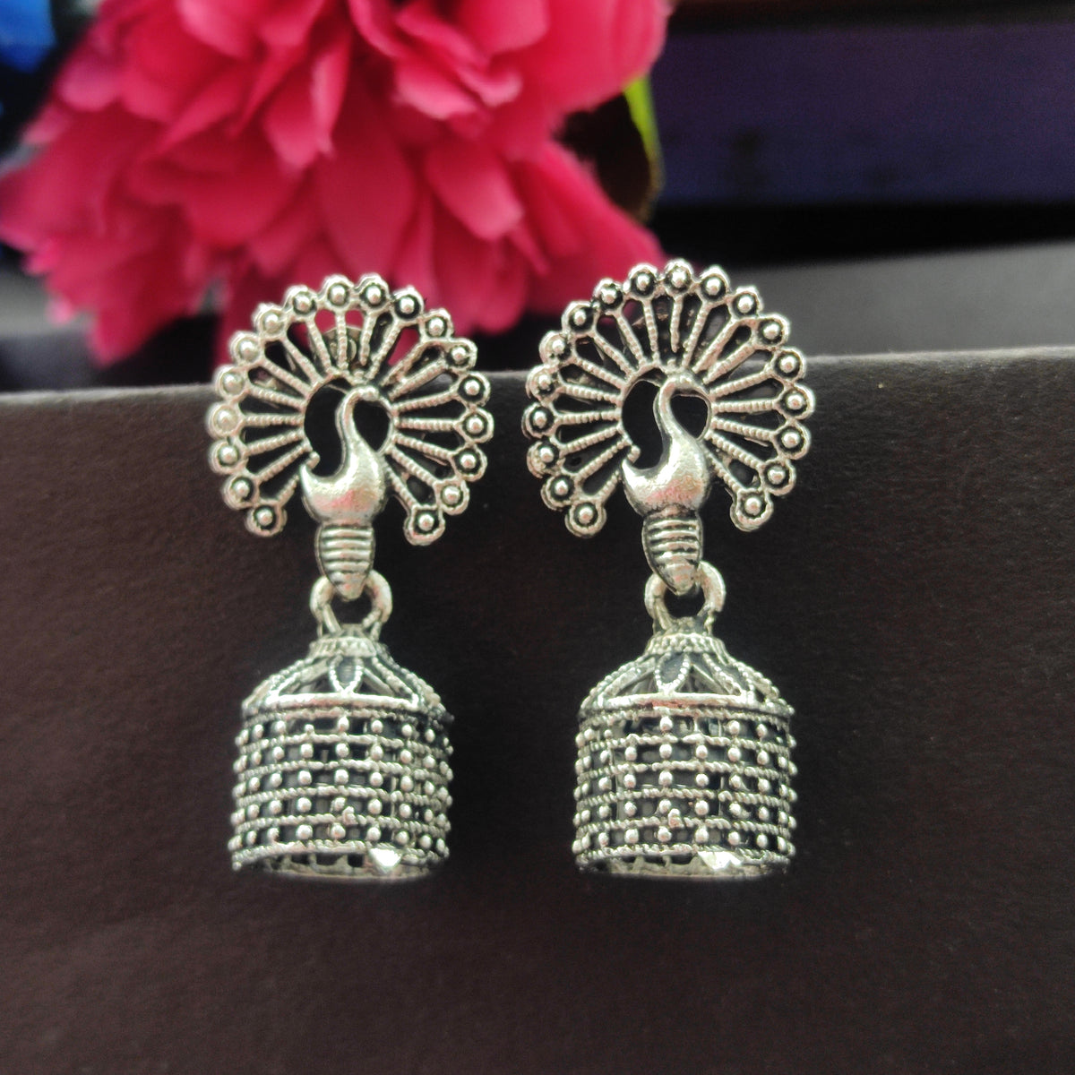 The99Jewel Antique-Inspired Oxidised Plated Jhumki Earrings With Peacock Motif Jewellery for Women
