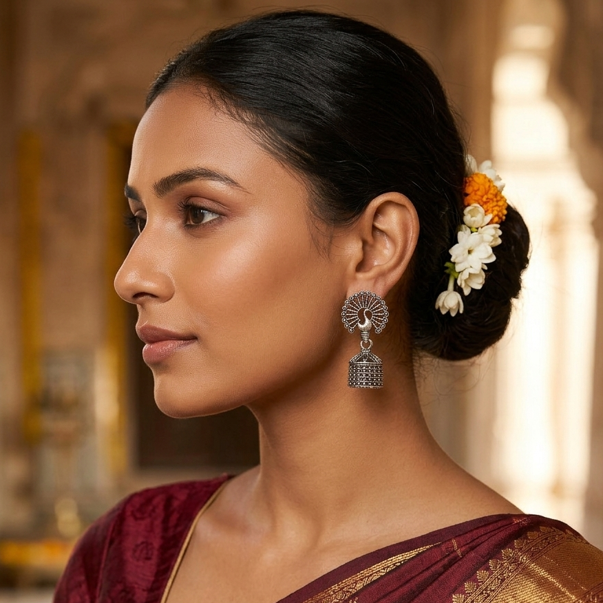 The99Jewel Antique-Inspired Oxidised Plated Jhumki Earrings With Peacock Motif Jewellery for Women