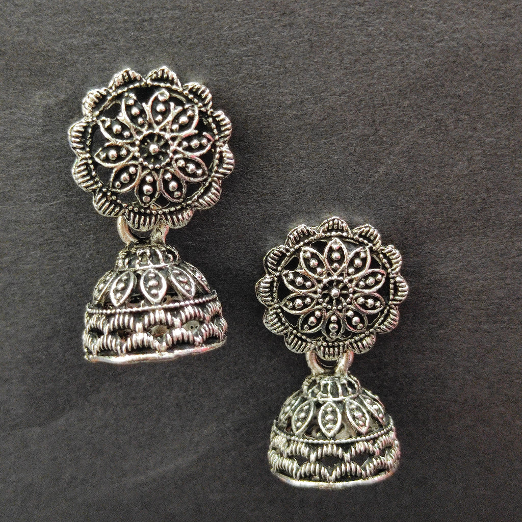 The99Jewel Antique-Inspired Oxidised Plated Jhumki Earrings With Floral Motif Jewellery for Women