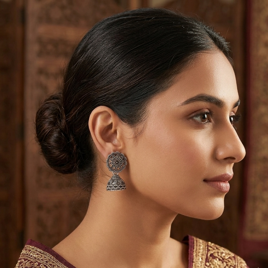 The99Jewel Antique-Inspired Oxidised Plated Jhumki Earrings With Floral Motif Jewellery for Women