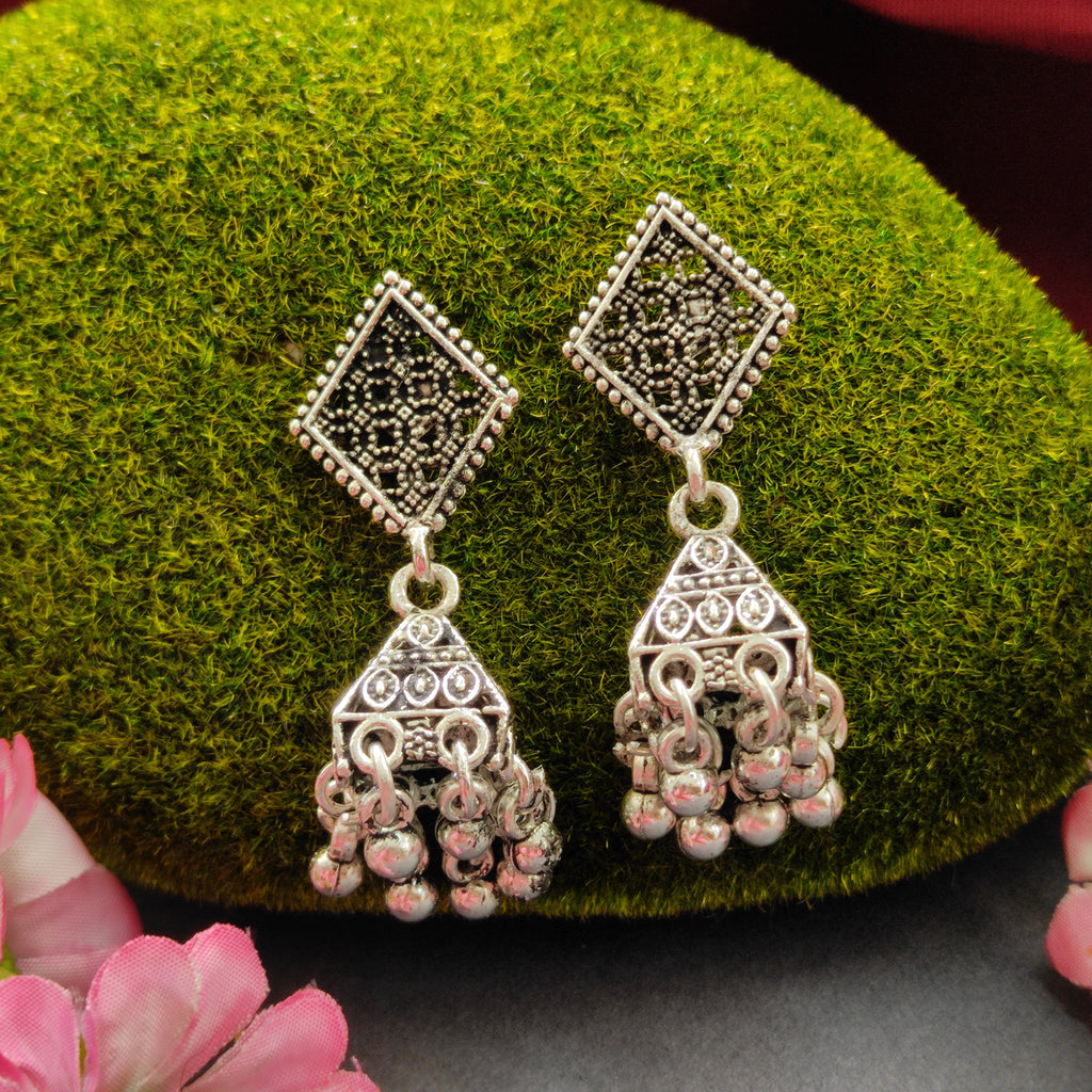 The99Jewel Antique-Inspired Oxidised Plated Jhumki Earrings With Silver Pearl Jewellery for Women