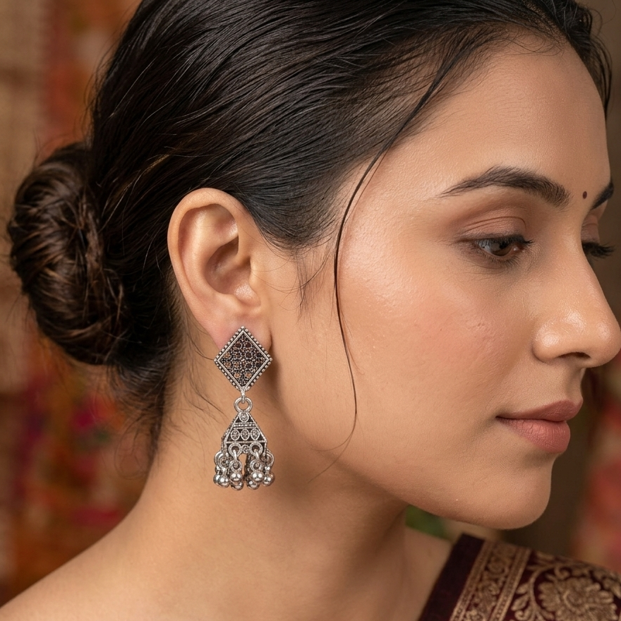The99Jewel Antique-Inspired Oxidised Plated Jhumki Earrings With Silver Pearl Jewellery for Women