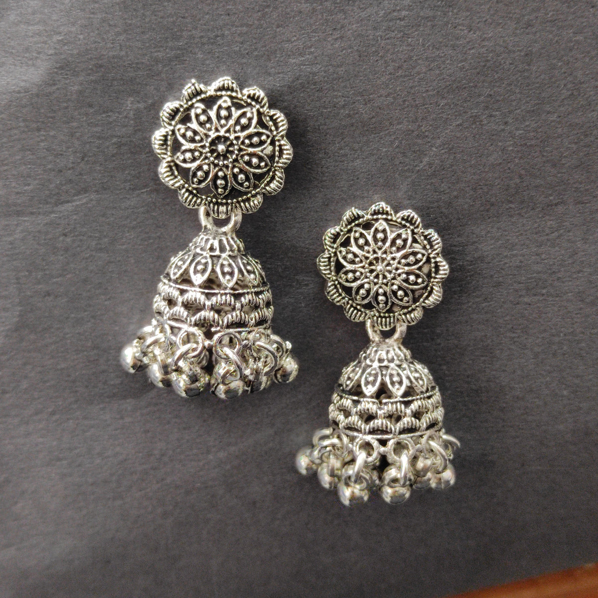 The99Jewel Antique-Inspired Oxidised Plated Jhumki Earrings With Silver Pearl Jewellery for Women