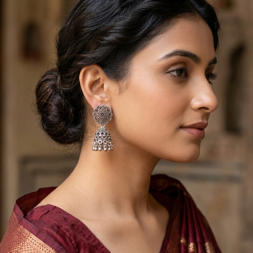 The99Jewel Antique-Inspired Oxidised Plated Jhumki Earrings With Silver Pearl Jewellery for Women