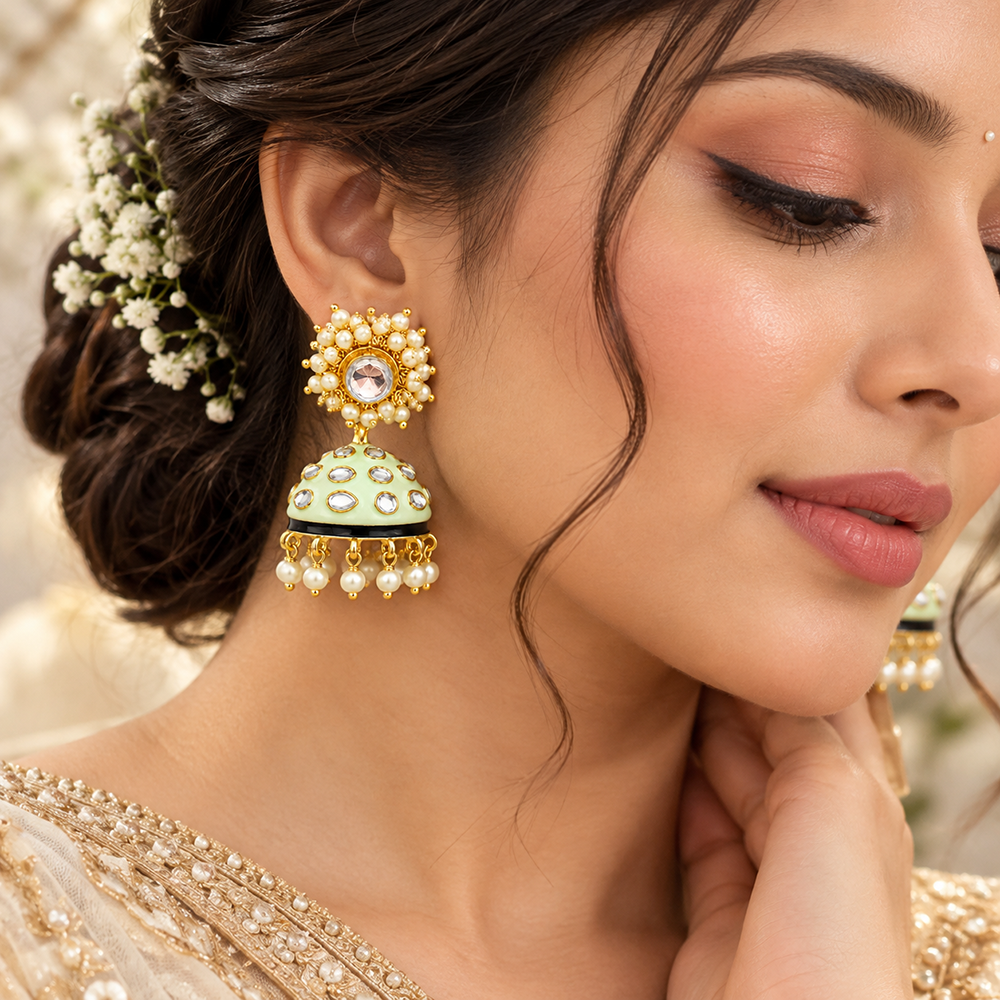 The99Jewel Elegant Gold Plated Kundan and Pearl Jhumki Earrings for Women