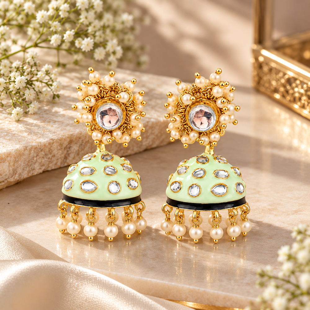 The99Jewel Elegant Gold Plated Kundan and Pearl Jhumki Earrings for Women