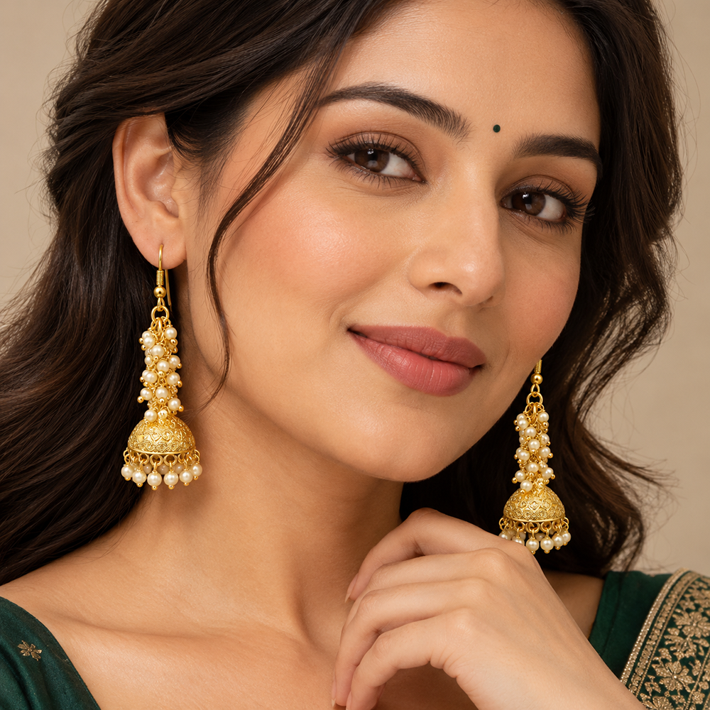 The99Jewel Elegant Gold Plated and Pearl Jhumki Earrings for Women