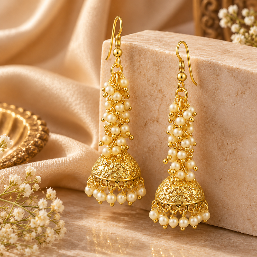 The99Jewel Elegant Gold Plated and Pearl Jhumki Earrings for Women