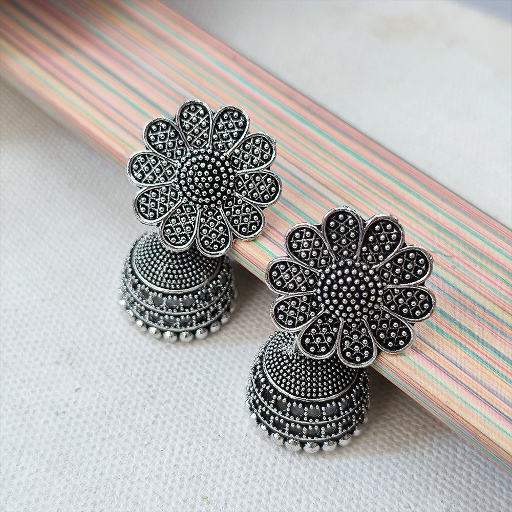 The99Jewel Vintage Oxidised Flower Pearl Jhumki Earrings