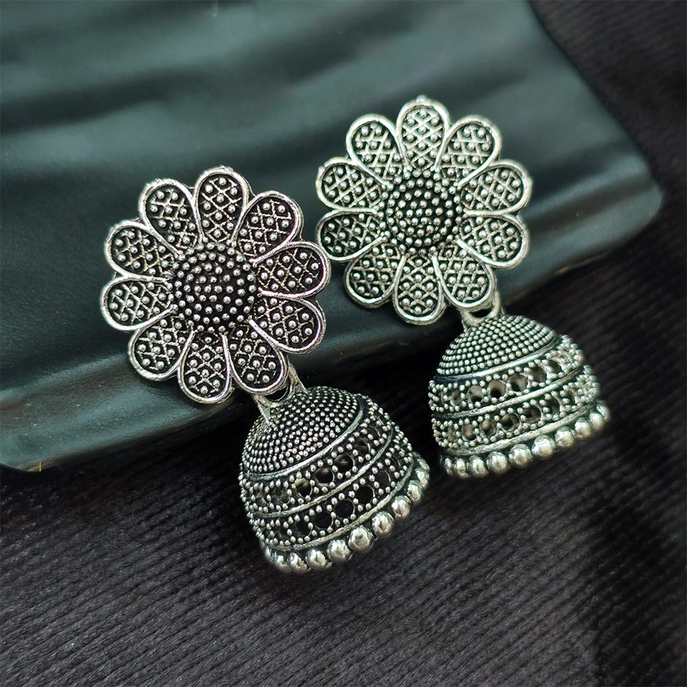 The99Jewel Vintage Oxidised Flower Pearl Jhumki Earrings