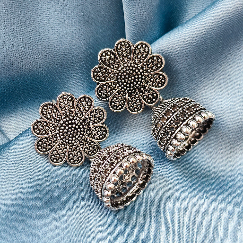 The99Jewel Vintage Oxidised Flower Pearl Jhumki Earrings