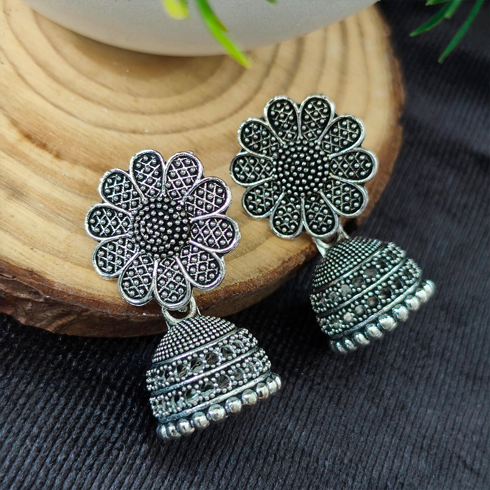 The99Jewel Vintage Oxidised Flower Pearl Jhumki Earrings