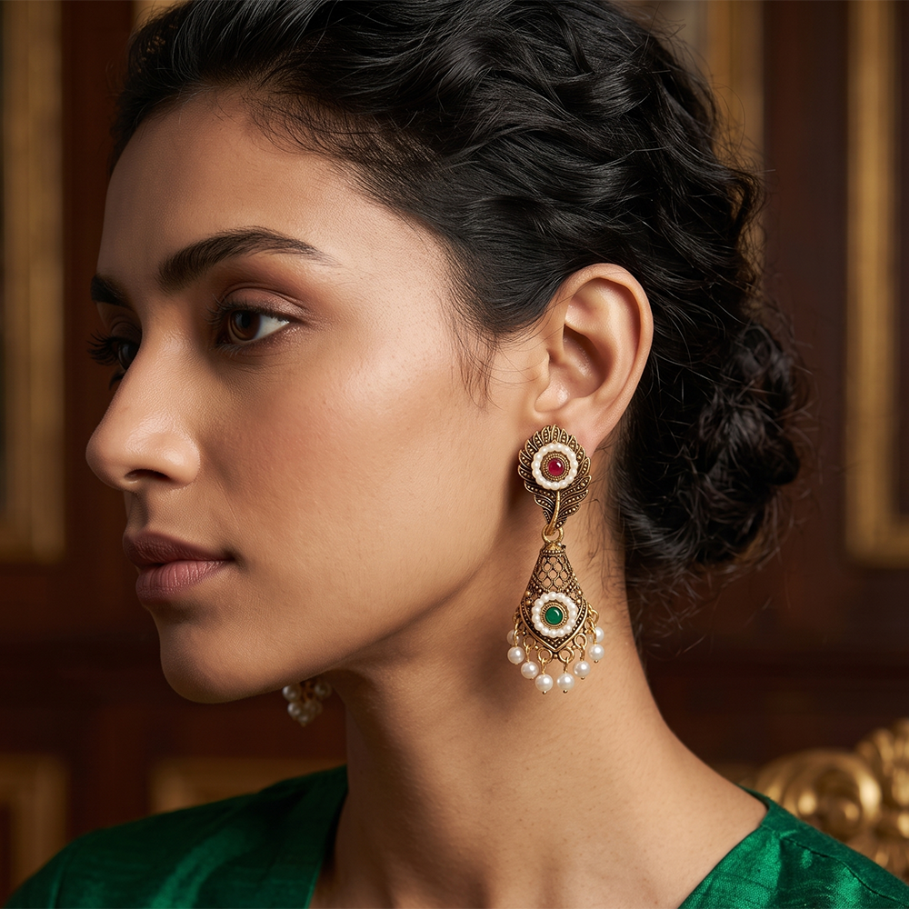 The99Jewel Antique Gold Plated Pearl & Stone Dangler Earrings for Women