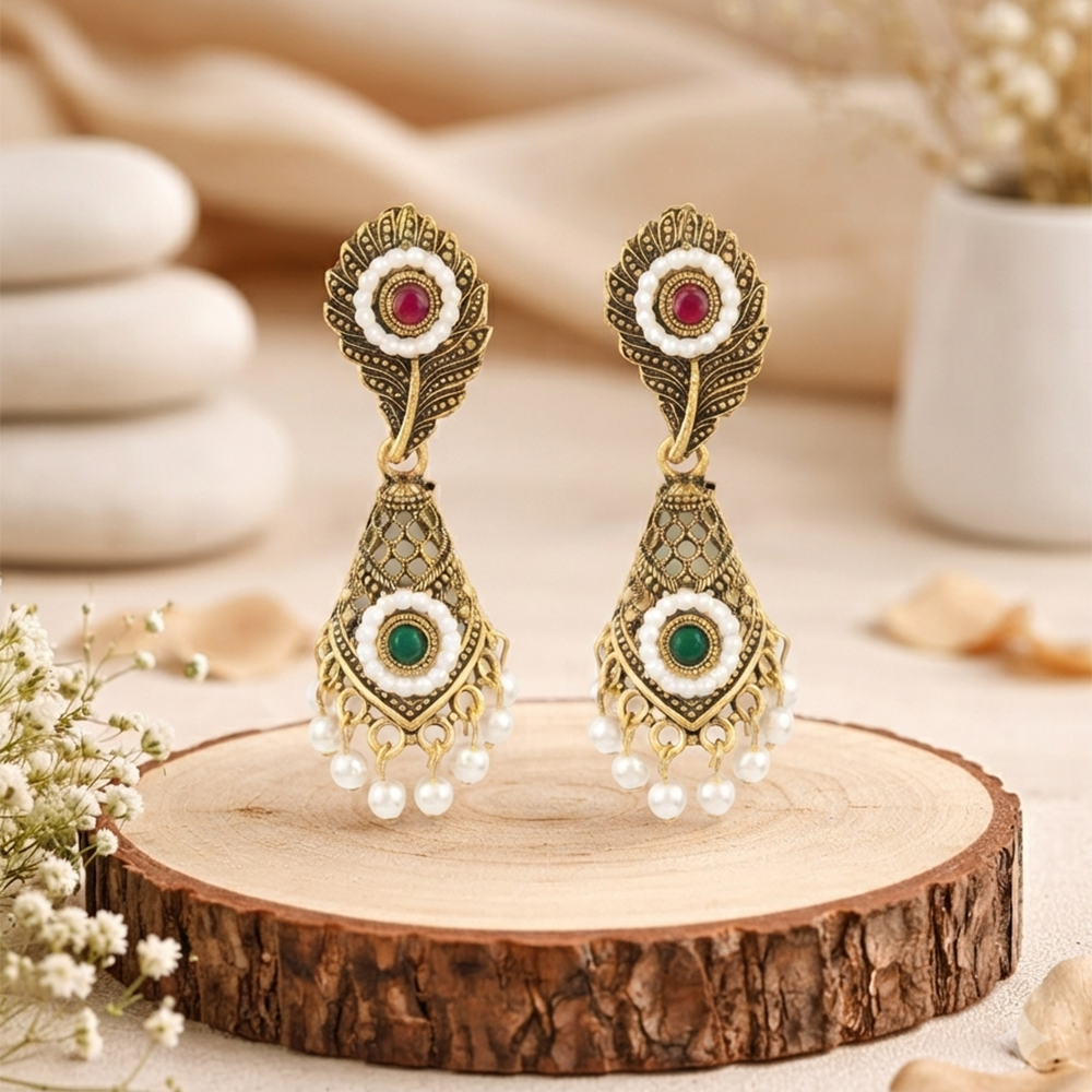 The99Jewel Antique Gold Plated Pearl & Stone Dangler Earrings for Women