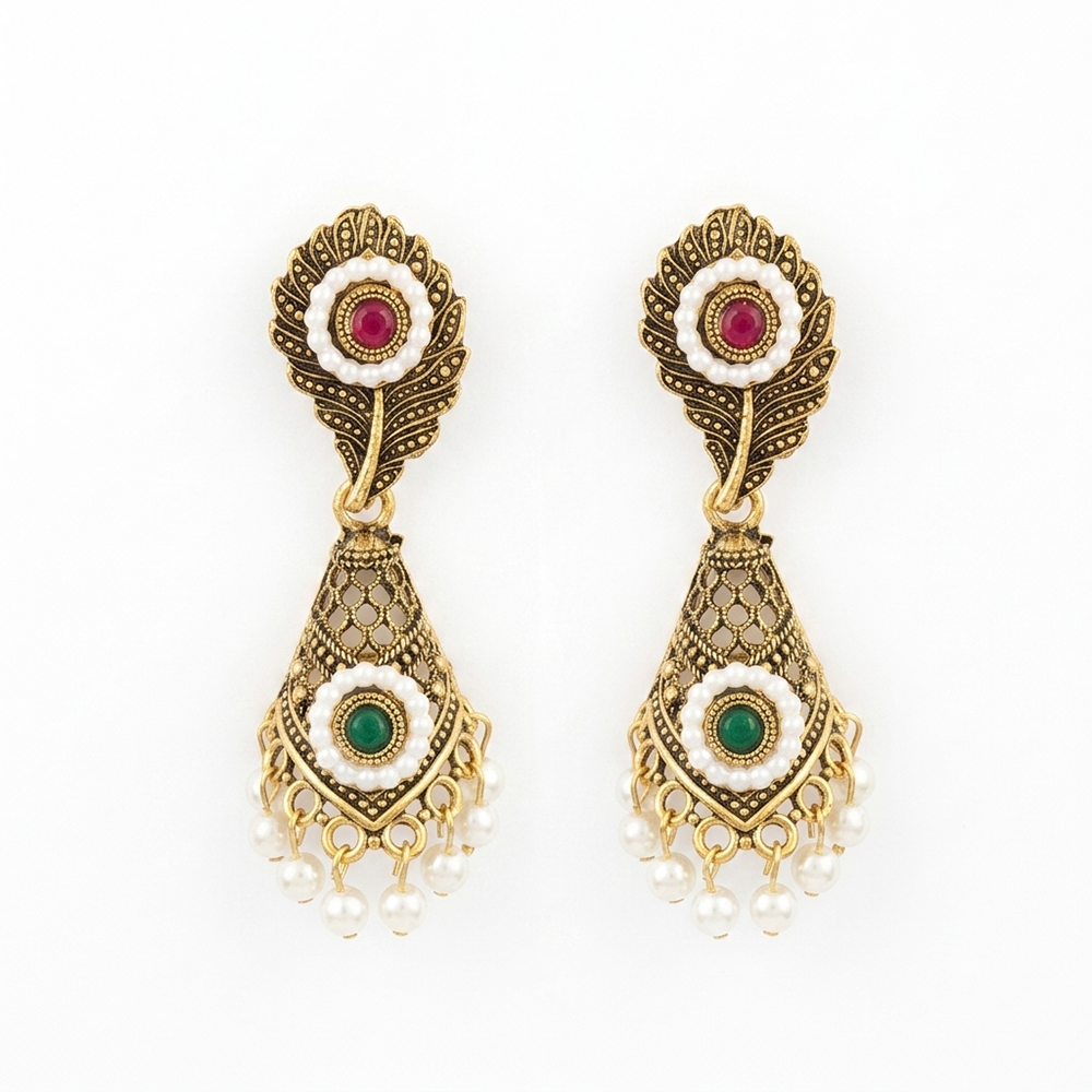 The99Jewel Antique Gold Plated Pearl & Stone Dangler Earrings for Women